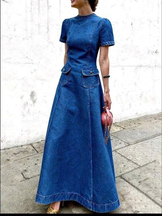 Dresses & Skirts - Maxi Denim Dress with Structured Pockets - Blue